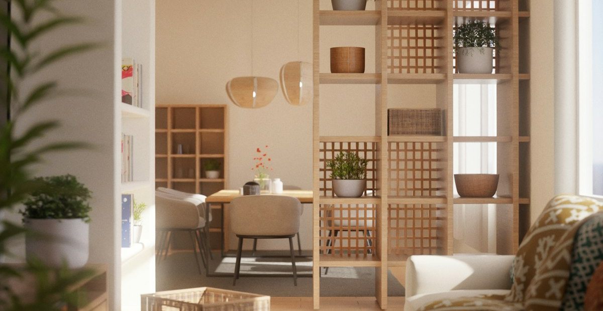 木の建具と白い壁でまとめた住まいのリビング・ダイニング